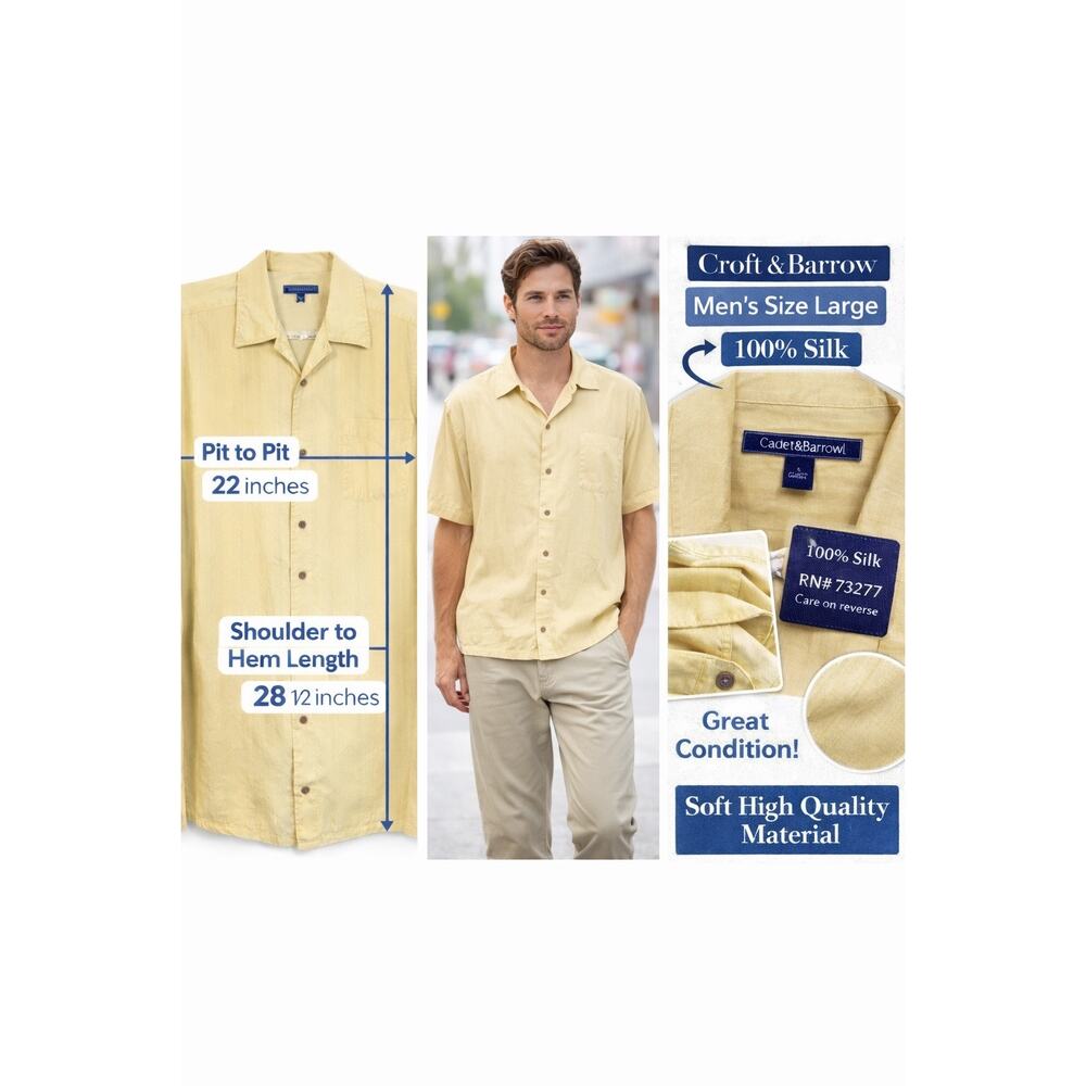 Croft‎ & Barrow Mens Large 100% Silk Yellow Camp Shirt Resort Coastal Vacation
